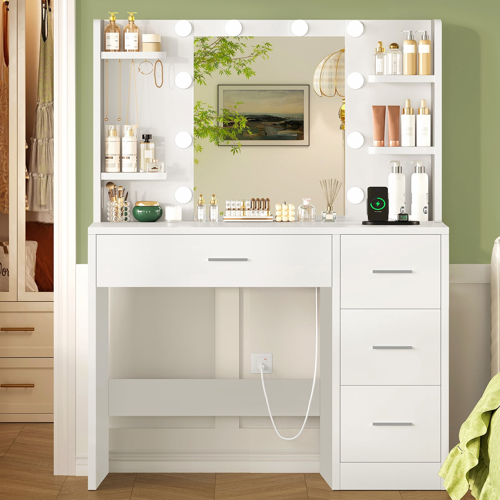 TEENFON Makeup Vanity Set with Mirror and Lights, Vanity Desk with Power Outlet and 4 Drawers & 6 Shelves, Vanity Table for Bedroom, White