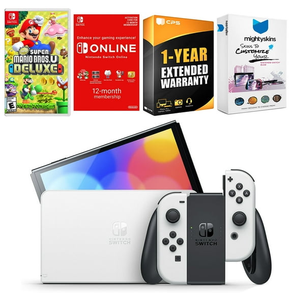 Nintendo Switch White OLED Console with New Super Mario Bros. U Deluxe, NSO 12 Month Family Membership, MightySkins Console and Controller Skin Voucher, and 1 Year CPS Extended Warranty