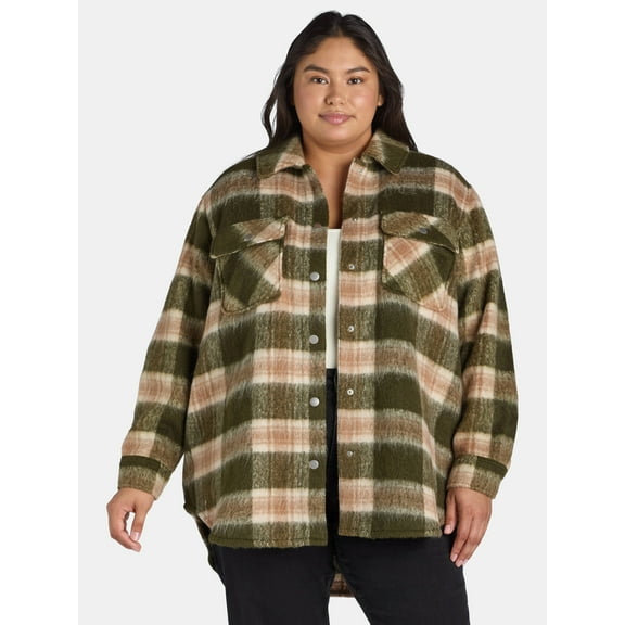 Terra & Sky Women's Plus Size Brushed Plaid Button Down Shacket, 0X-5X
