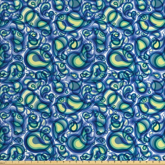 Ambesonne Paisley Fabric by the Yard Upholstery, Raindrops Inspired Art, 3 Yards, Blue and Green