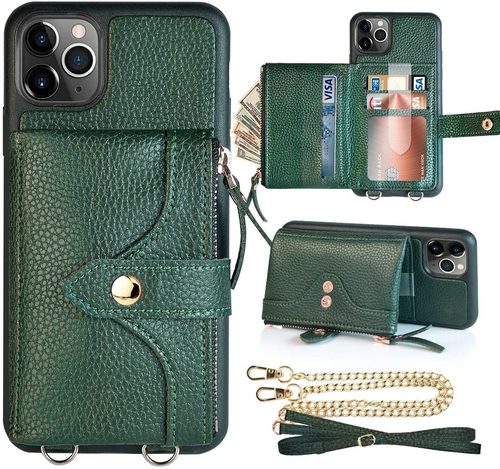 Iphone 11 Pro Wallet Case Zipper Leather Wallet Case Card Holder Crossbody Purse Case For Lady With Wrist Strap Shockproof Case Compatible With Iphone 11 Pro 5 8 Inch Midnight Green Walmart Com
