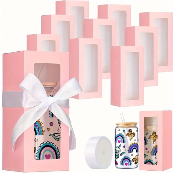 10 Pack Tumbler Gift Boxes with Clear Window & Ribbon, Rectangular Gift Packaging Boxes for Sublimation Tumblers, Cup Display & Shipping, Ideal for DIY Gifts Wrapping, Christmas, Thanksgiving