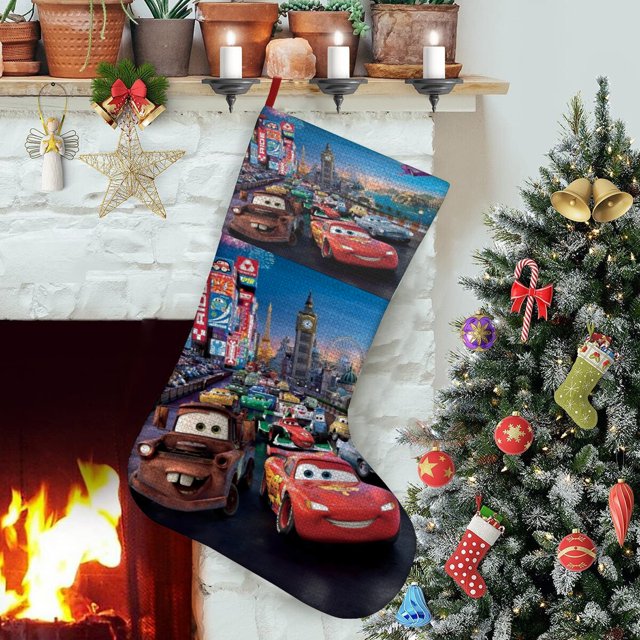 Rayo McQueen de Disney Tema: Calcetines de Navidad, fino lino blanco para colgar en escaleras y chimenea, decoración navideña para el hogar, regalo de Navidad. 45cm × 32cm