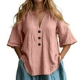 thumbnail image 2 of T Shirts for Women 2025 Elbow Sleeve Button V Neck Loose Fit Casual Plain Tshirt Blouse Womens T Shirts, 2 of 5
