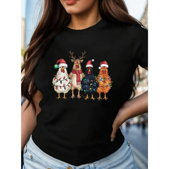 Women's T-Shirts Black Graphic Tees "Christmas Chickens & Reindeer" Holiday Humor Design Shirts S-5XL Casual Daily Tops