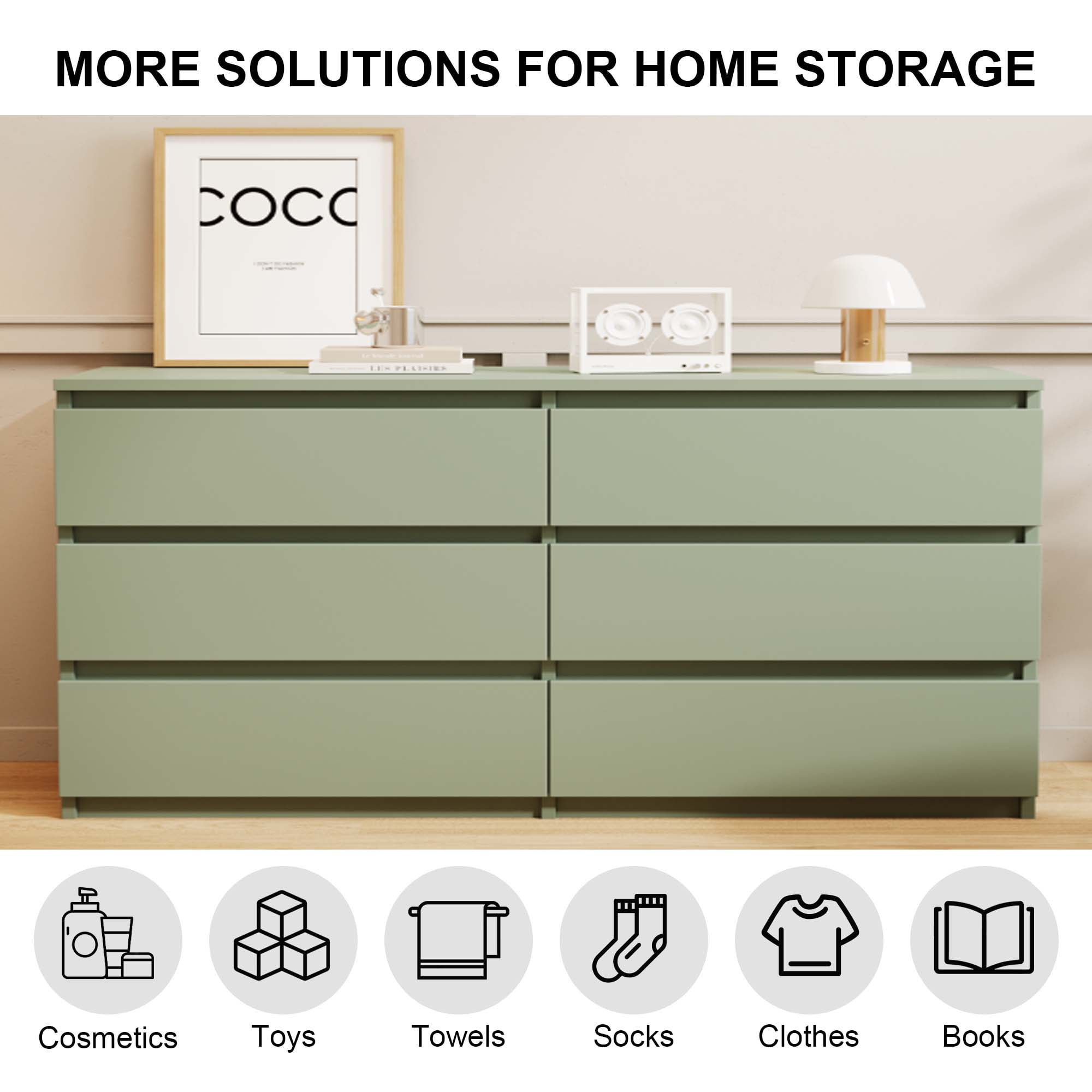 Aukfa Modern 6-Drawer Dresser Chest of Drawers Storage Cabinet for Bedroom Living Room, Green