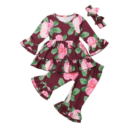 

Woshilaocai Infant Toddler Baby Girl Clothes Set Flower Long Sleeve Round Neck Top Long Pants Headband Outfits