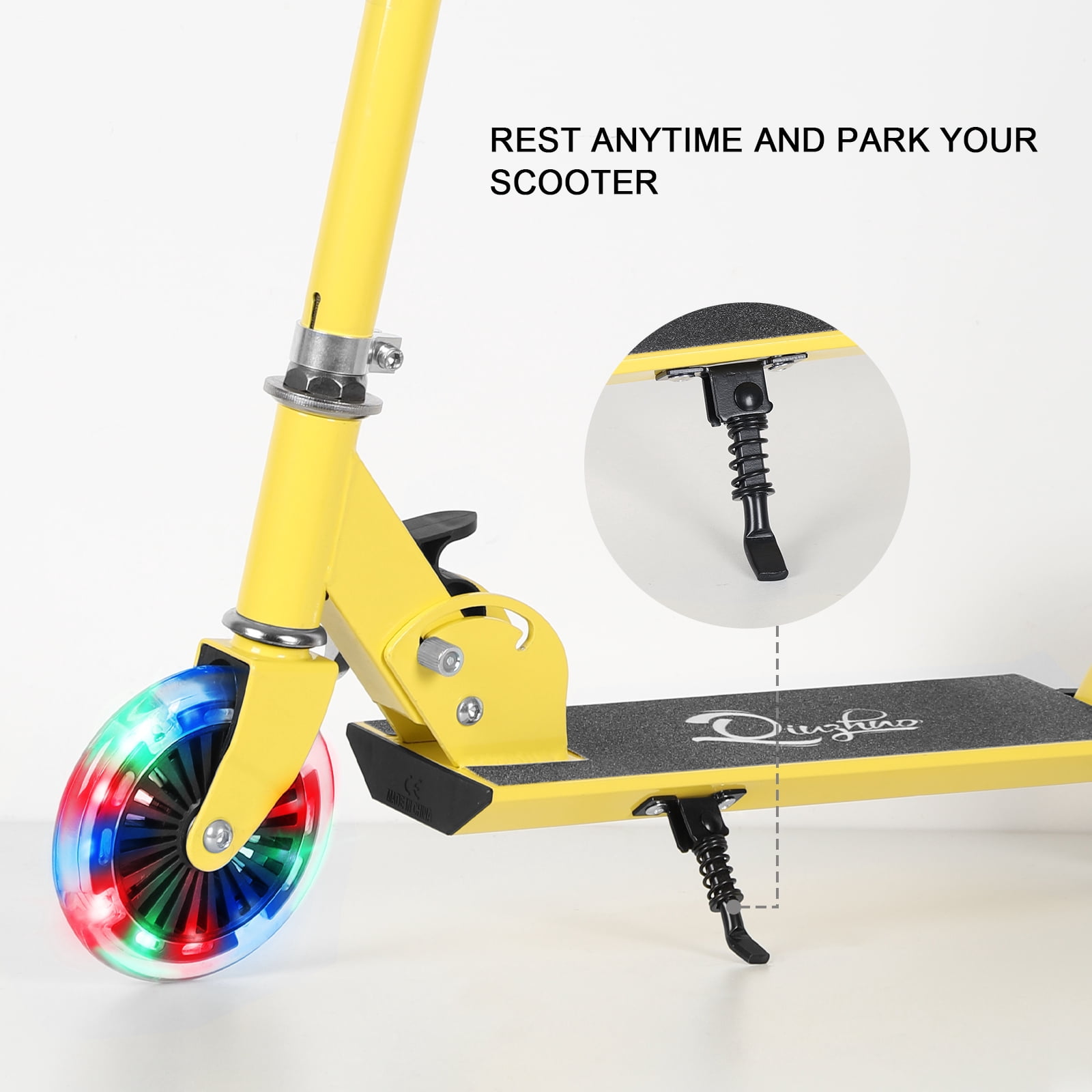 Scooter With 2 Wheels, for Kids Ages 6+, Kickstand Foot Support, Adjustable Height & Foldable, Yellow