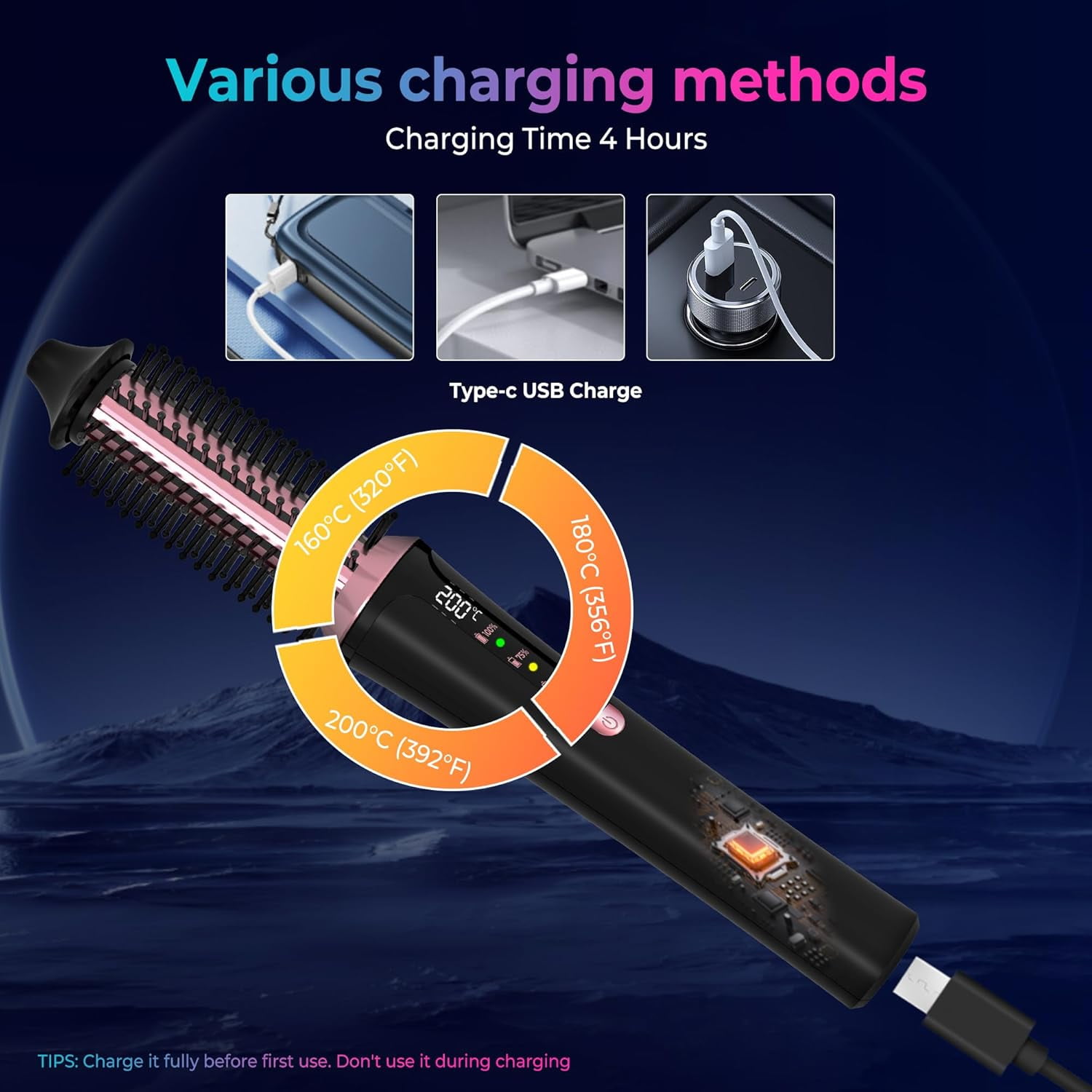 2025 Cordless Curling Iron Rechargeable, 4000 mAh USB Thermal Brush with 3 Temp Setting Mini Travel Curling Iron, Ceramic Cordless Hair Curler, Battery Powered Curling Iron