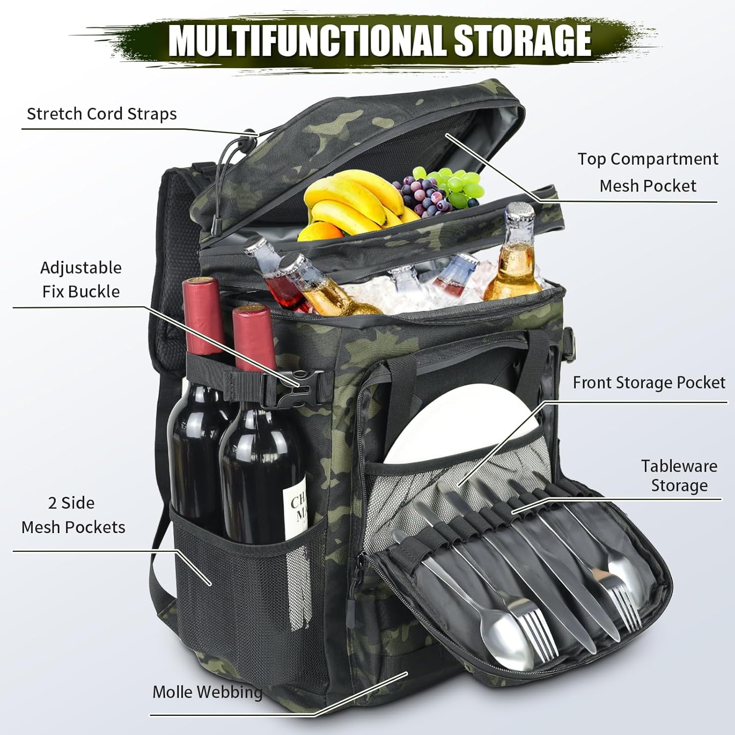 IC ICLOVER Tactical Backpack Cooler 40 Cans Double Deck Waterproof Leakproof Insulated Lunch Box Bag, Camouflage