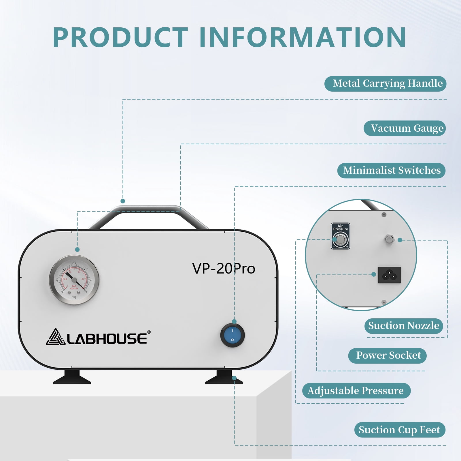 LABHOUSE Lab Vacuum Filtration Pump VP-20PRO, Negative Pressure Adjustable Diaphragm Oil Free Pump 20L/min with Rubber Tube for Laboratory