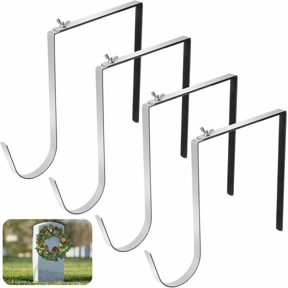 4 Pcs Christmas Headstone Wreath Hanger- Fit 6"-11" Adjustable Cemetery Tombstone Wreath Holder- Stainless Steel Cemetery Gravestone Wreath Stand for Christmas Memorial Day Gravestone Decoration
