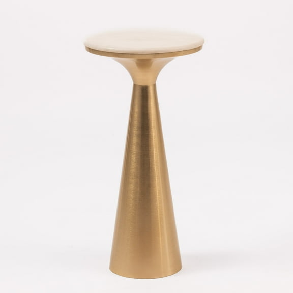 Modern White Marble Top Accent Table with Brushed Nickel Pedestal Base – Contemporary Round Side Table for Living Room, Bedroom, or Entryway