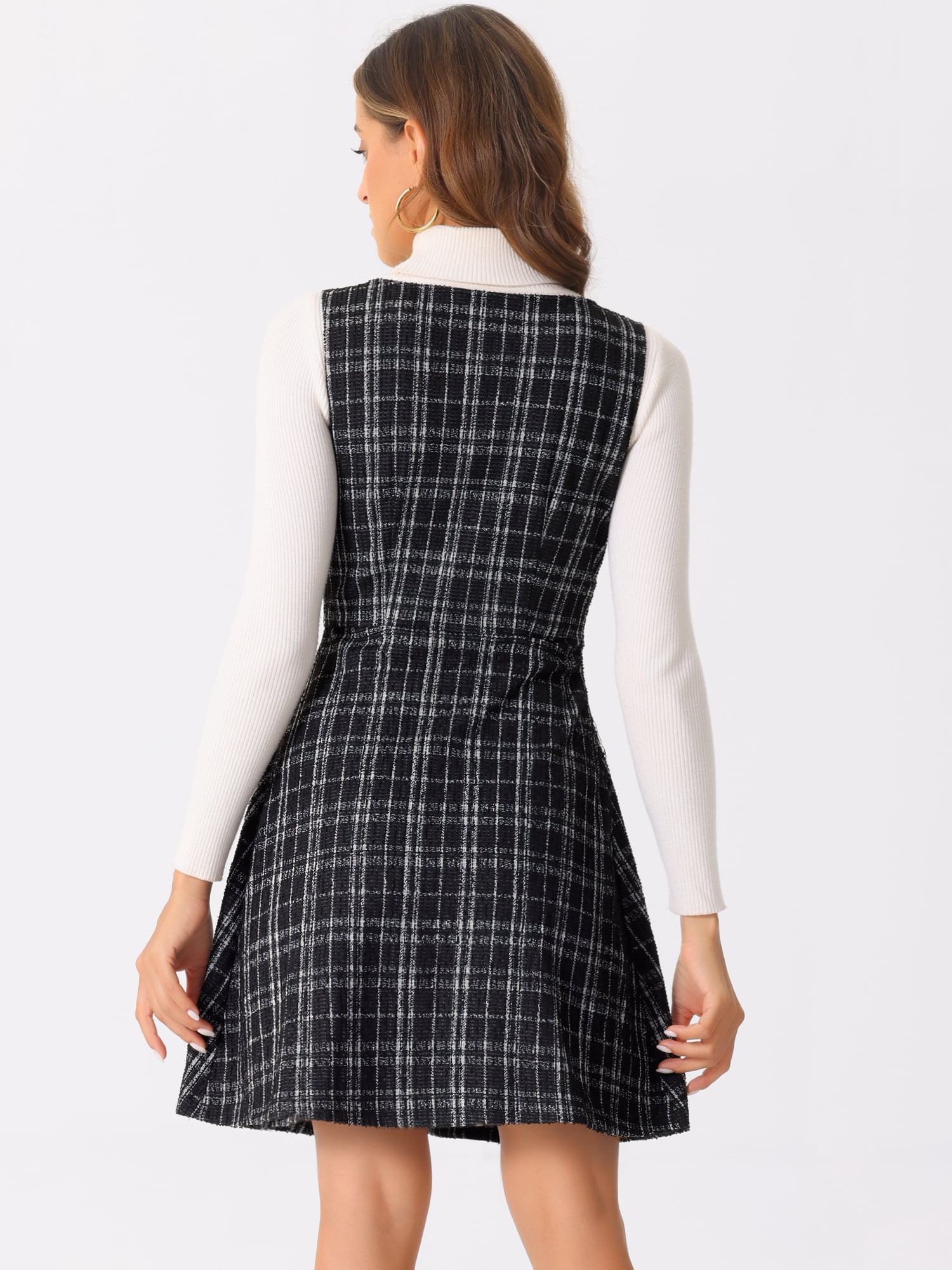 DARING DIVA Women's Pinafore U Neck Tweed Plaid Dress with Button Decor M Black