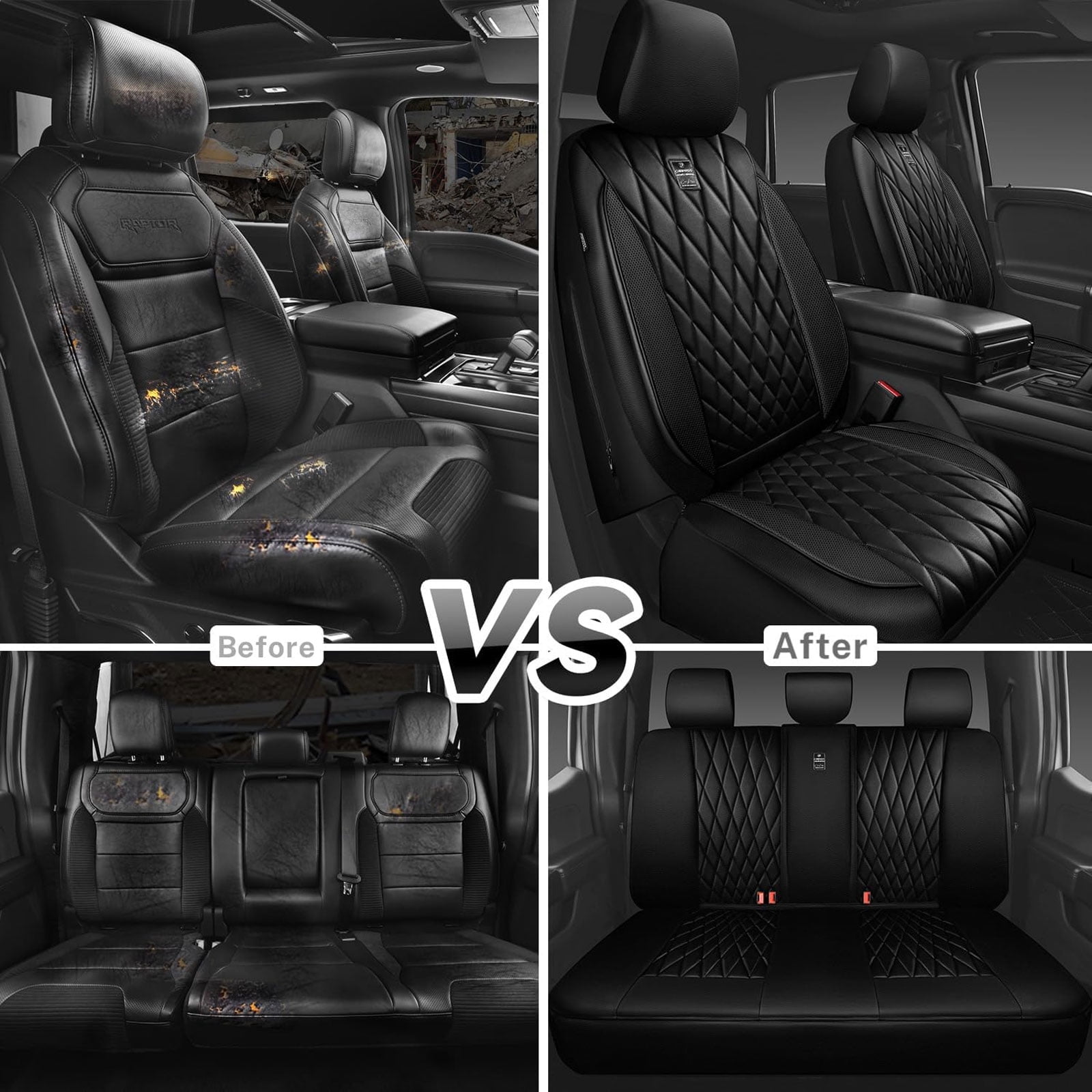 CAR GRAND piping luxury faux PU leathertwo front car seat covers water proof armrest compatible airbag compatible univrsal fit SUV VAN Truck All black