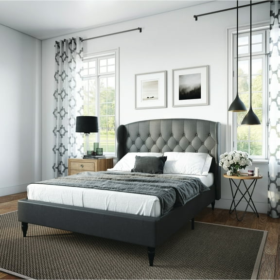 DeCoro Coventry Upholstered Platform Metal Bed Frame, Queen, Gray