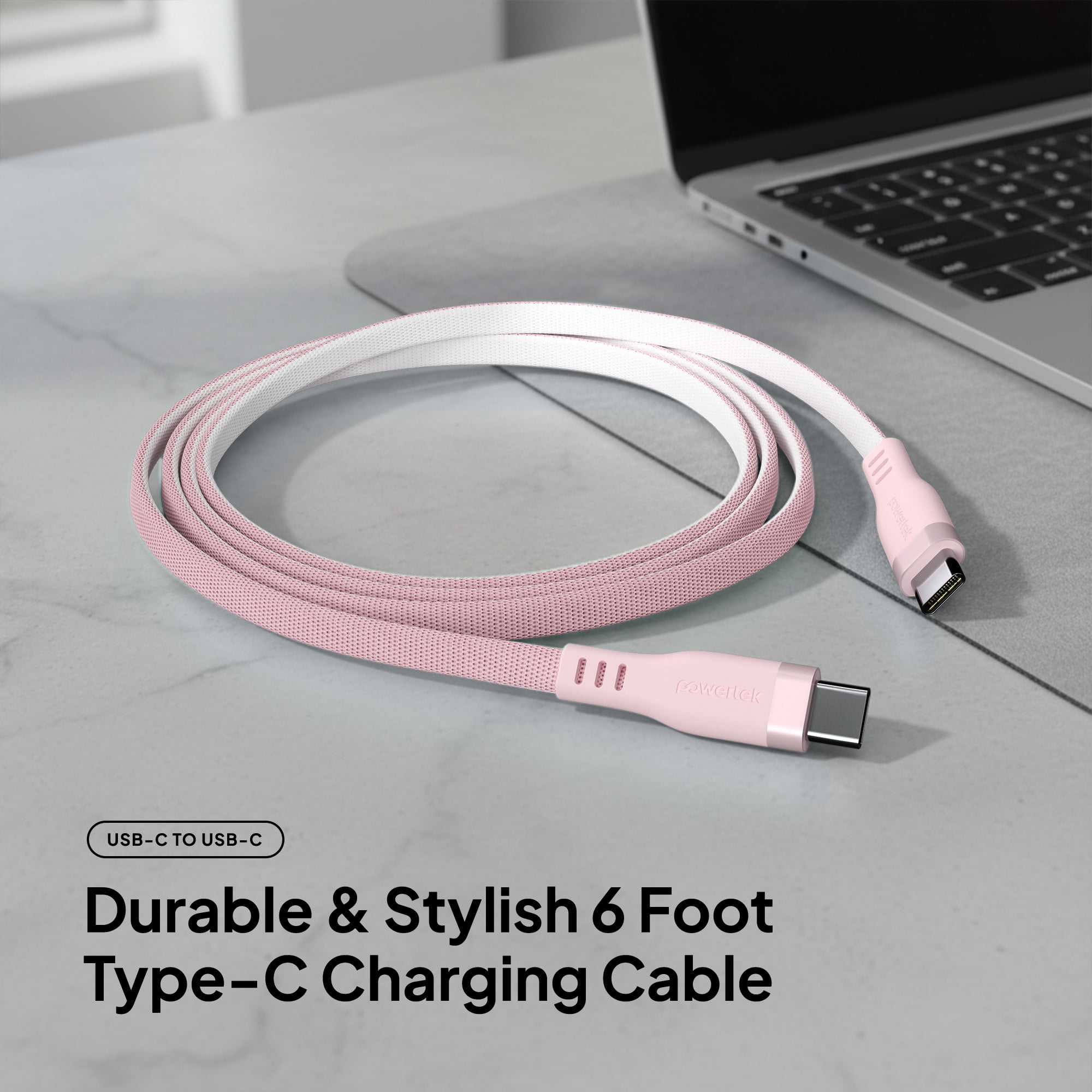 Powertek USB-C to USB-C Two-Tone Pastel Fast Charge Cable, 6 ft, Pink