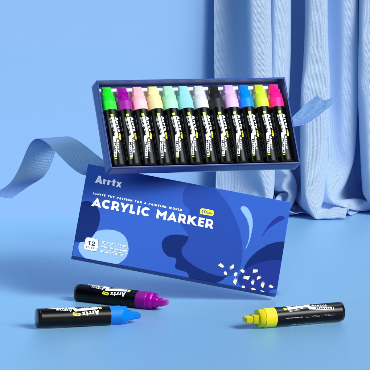 Arrtx Acrylic Paint Markers, 10mm Felt Tip Jumbo Markers, 12 Pack Colored Graffiti Markers