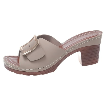 

Ediodpoh Fish Mouth Slippers New Summer Large Size Thick Heel Square Buckle One Line High Heel Slippers Comfortable Sandals for Women Khaki 6.5(37)