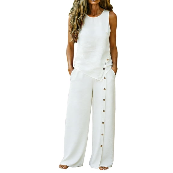 Plcasen Women's 2 Piece Outfits Linen Vest Waistcoat Dressy Casual Sets Wide Leg Pants Suits
