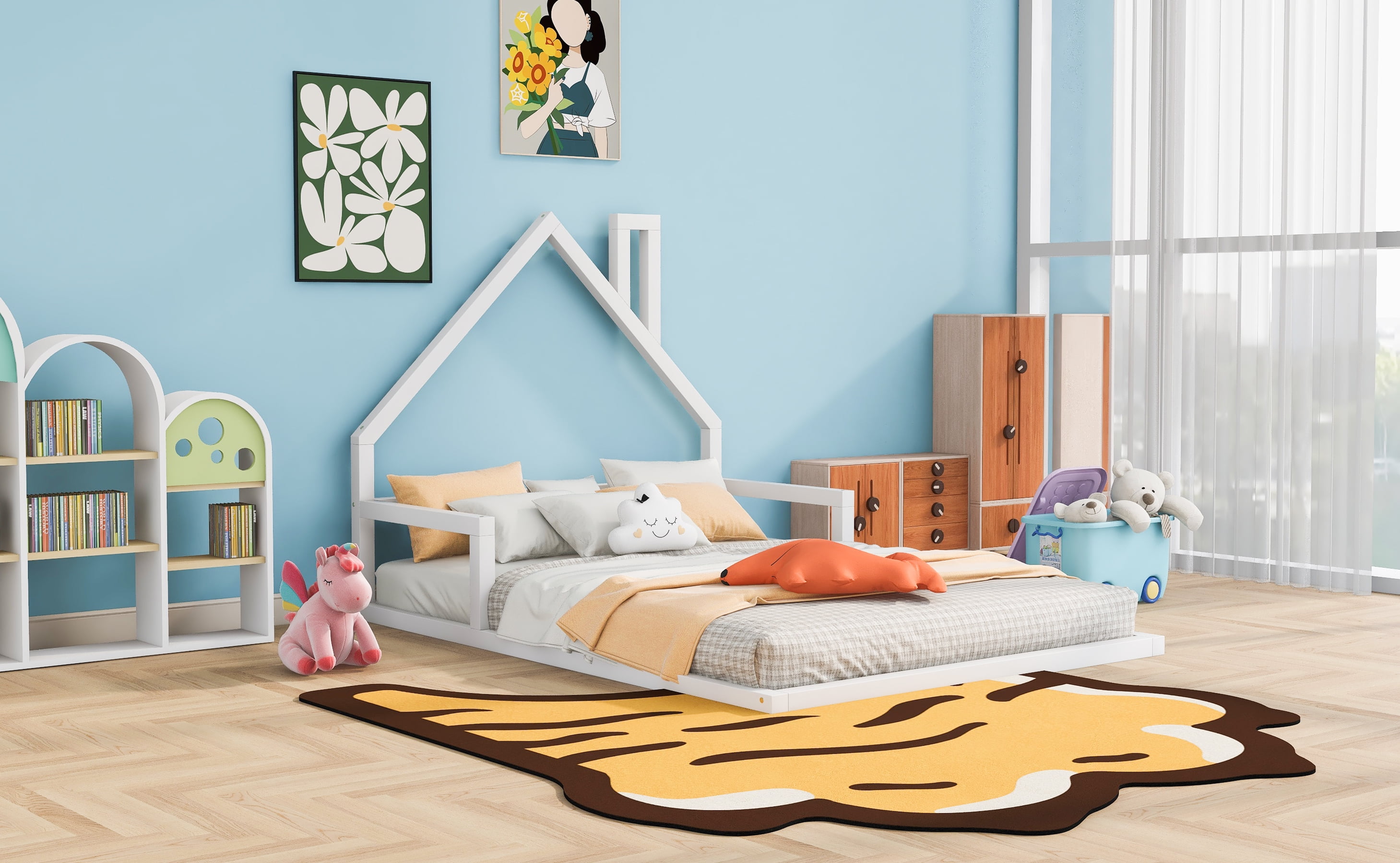Euroco Full Size Wood Floor Bed for Kids Room, White