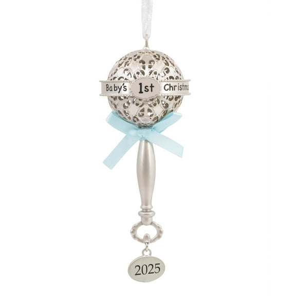Hallmark Christmas Ornament (Baby's First Christmas Silver Rattle with Blue Ribbon 2025, Metal), 1 Count