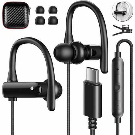 USB C Headphones Over Ear Hooks for iPhone 16 15 Pro Max Plus, Wrap Around Ear Buds with Loops Mic Type C Earphones Running Sport Wired Earbuds for Samsung Galaxy S24 Ultra S23 Fe S22 A35 Pixel 8 7