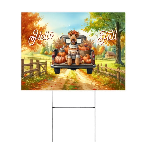 Hello Fall Autumn Airedale Terrier Pumpkins Pickup Truck Yard Sign Dale Waterside Dog Lover Outdoor Home Lawn Garden Porch Decor - 13011