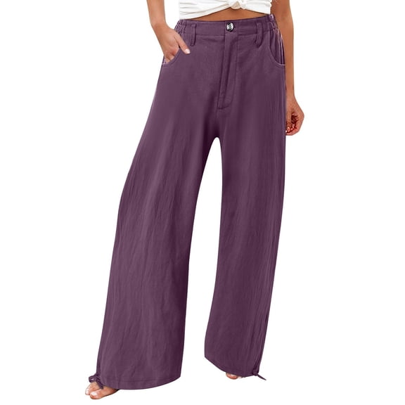 YIFUNIN Women's Cotton Linen Wide Leg Palazzo Pants with Elastic Waist & Button, Summer Casual Trousers with Side Pockets, Relaxed Beach Wear,Dark Purple L