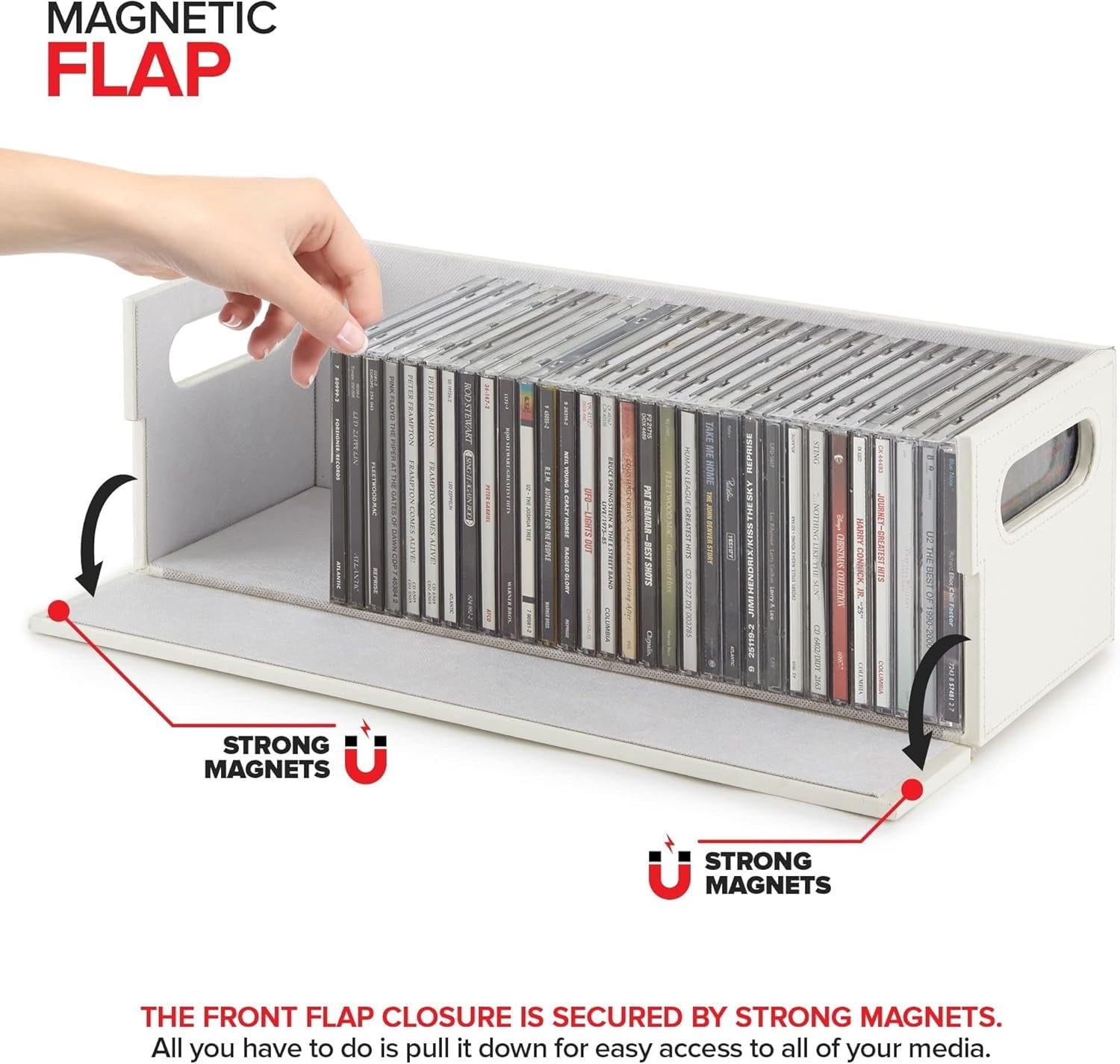 Stock Your Home 2- Pack CD Storage Box, Organizer Shelf for Movie Cases, DVDs, Cassette Tape Display Stand, Disc Holder Can Store Up to 40 CDs, Faux Leather (White with White Interior)