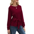 thumbnail image 1 of Sudadera con Nudo en la Cintura para Mujer, Raglán Larga, Cuello Redondo, Elegante, para Hacer Ejercicio, para Otoño Vino Tinto L, 1 of 7