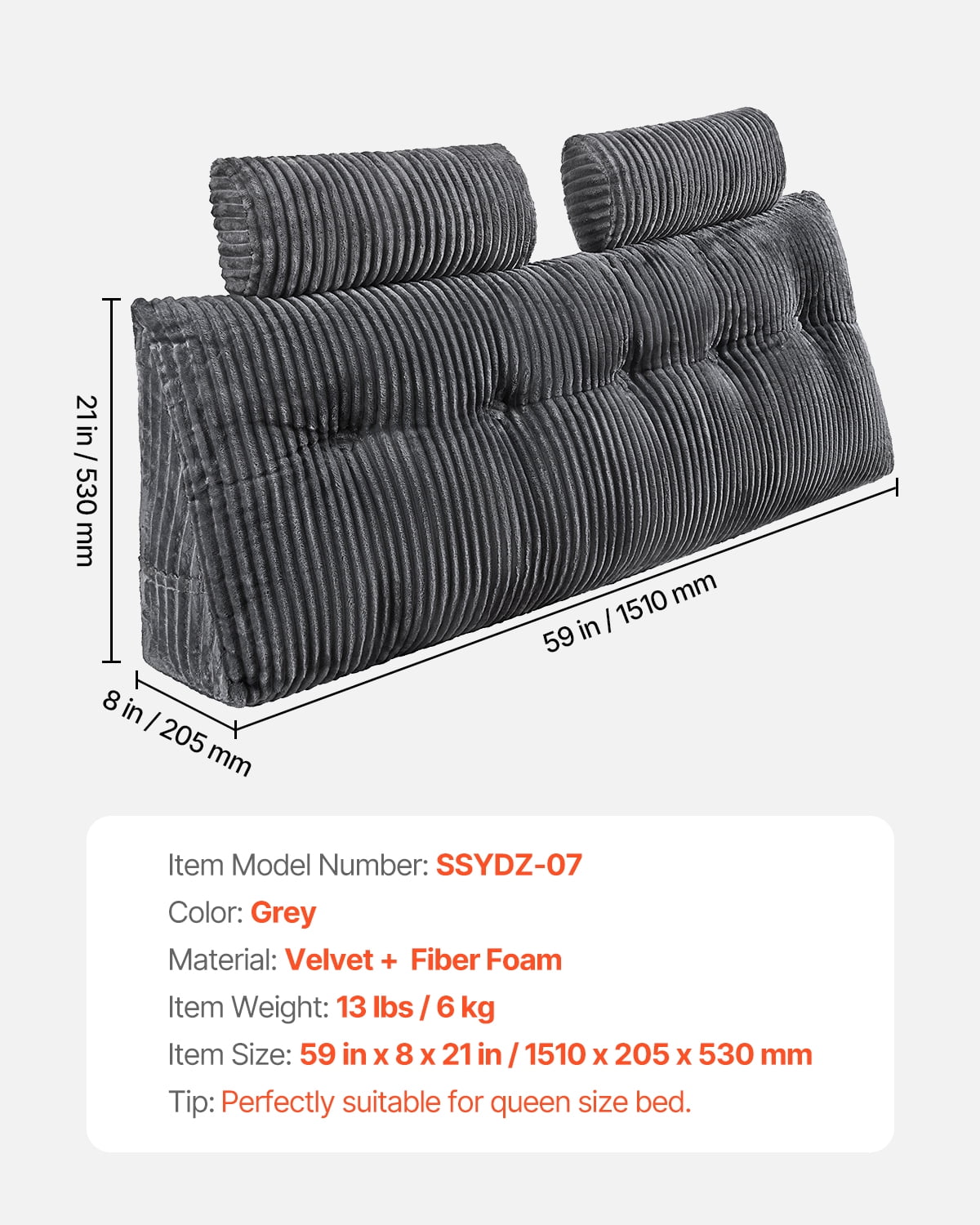 VEVOR Headboard Pillow, Queen Size Wedge Headboard Pillow with 2 Side Pockets and 2 Headrests, Bed Wedge Pillow with Washable Flannel Cloth, for Reading, Gaming, Resting, Working in Bed, Grey