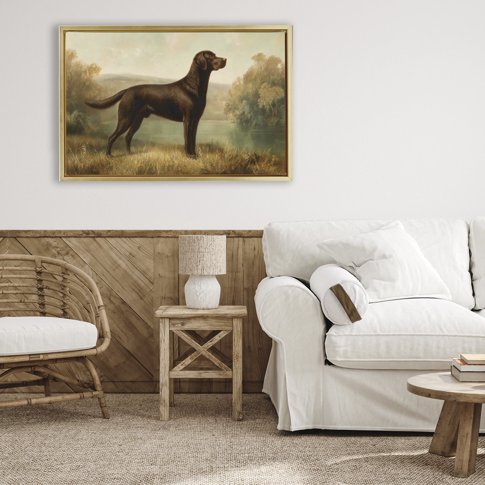 Stupell Industries Chocolate Brown Labrador Gold Framed Floater Canvas Wall Art, design by Petal Prints Design