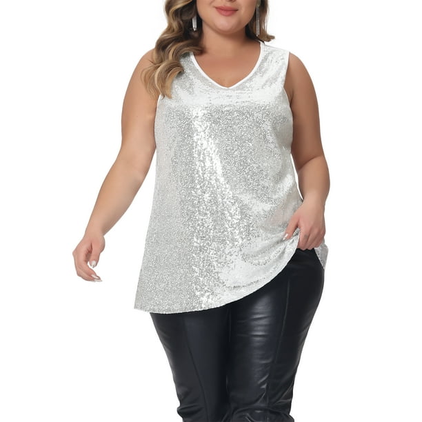 Agnes Orinda Blusas de Talla Grande para Mujeres Sin Mangas con Brillo y Lentejuelas, Top de Tanque con Cuello en V 1X Plateado