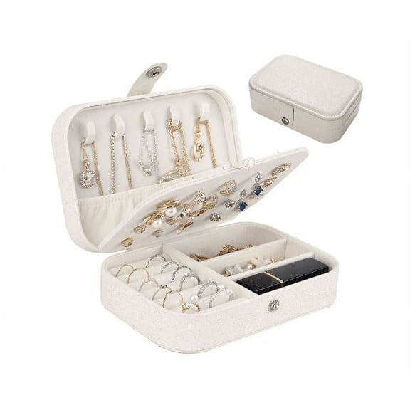 Travel Jewelry Box, PU Leather Small Jewelry Organizer for Women Girls, Double Layer Portable Mini Travel Case Display Storage Holder Boxes for Stud Earrings, Rings, Necklaces, Bracelets (White)