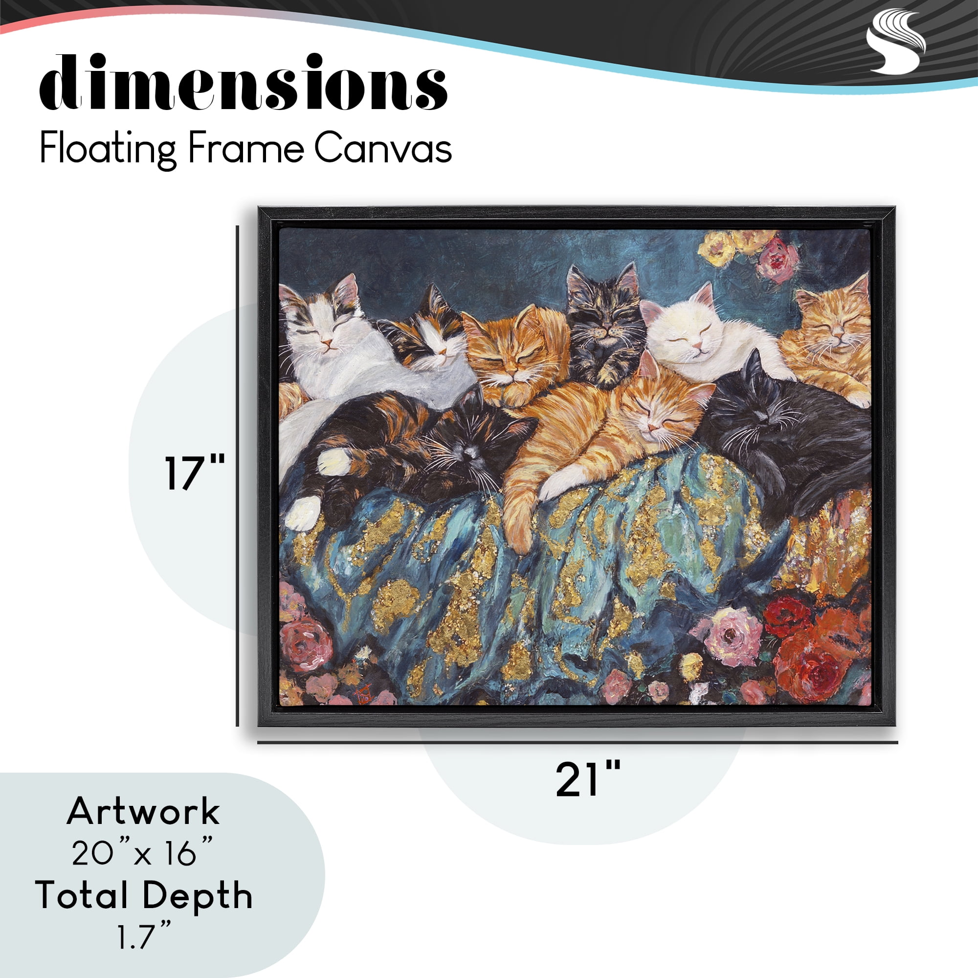 Sleepy Kitty Crowd with Flowers Black Framed Floater Canvas Wall Art, design by Sara Culpepper