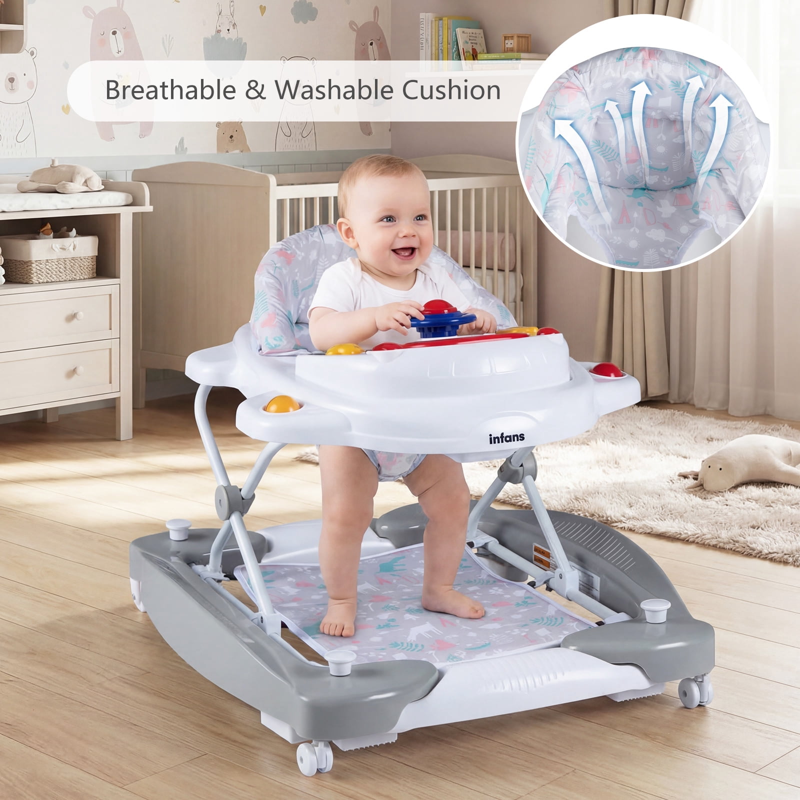 INFANS Baby Walker, 6 in 1 Behind Walker Learning Seated Rocker Bouncer with Removable Music Tray, Adjustable Height, Washable Seat Cushion, Foldable Activity Center for Toddlers