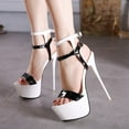 thumbnail image 2 of FSJ Women Open Toe Platform Stripper Heels Double Strap Sky High Stiletto Heel Sandals Sexy Party Dance Shoes Size 16 White-Black, 2 of 6