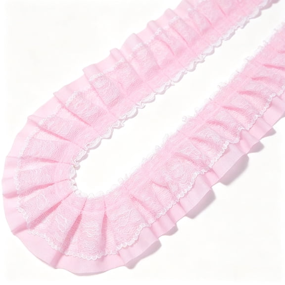 Pink Lace Trim Ribbon Ruffle Chiffon Double Layer for Sewing 2 Yard
