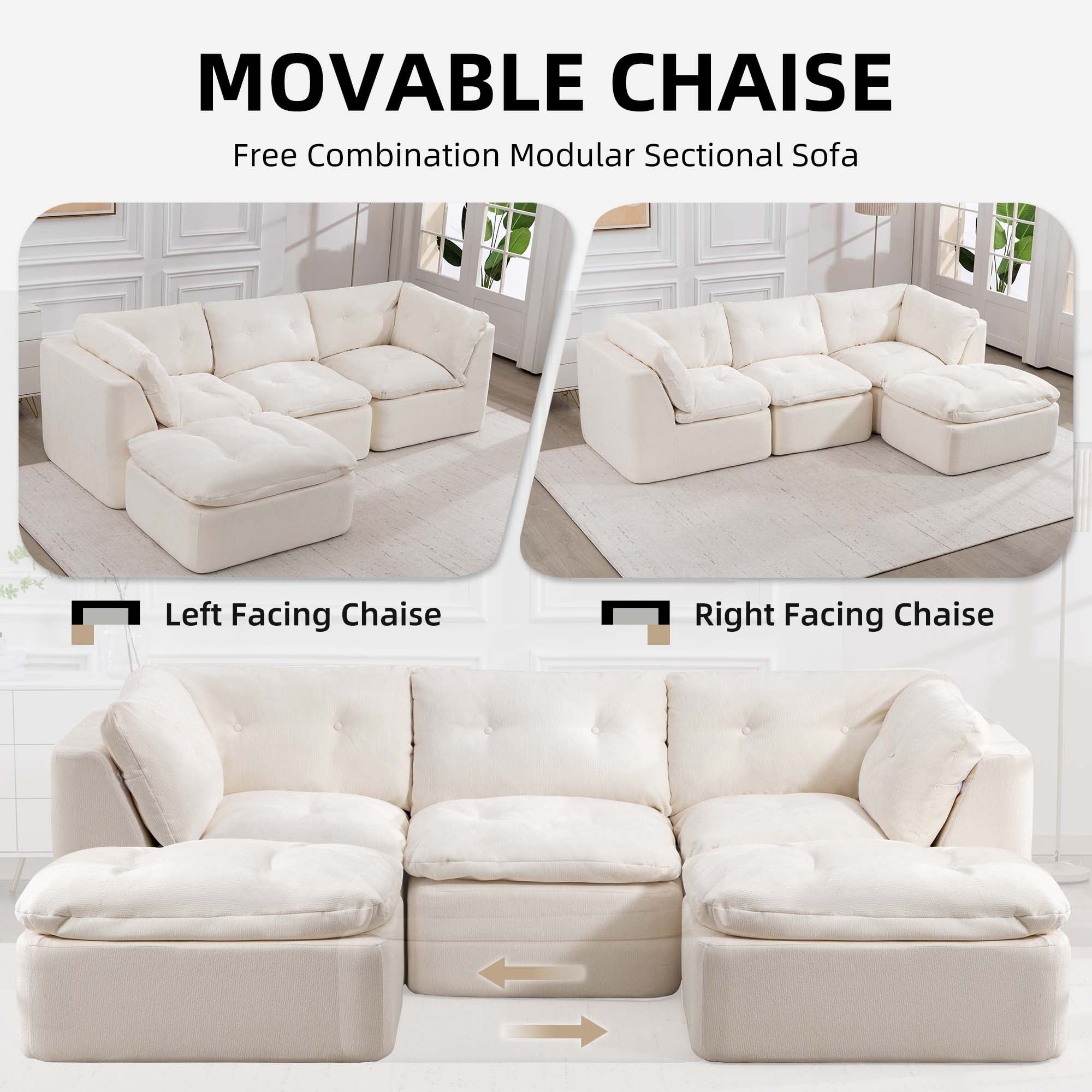 106.29" Sectional Sofa, 3 Seater Modular Sectional Floor Sofa with Ottoman, Chenille Cloud Couch for Living Room, Deep Seat Sofa, Beige