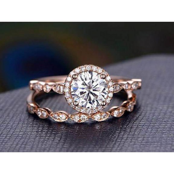 2.25 Carat Halo Moissanite Diamond Wedding Ring Set With 18K Rose Gold Plating, Promise Ring, Anniversary Ring