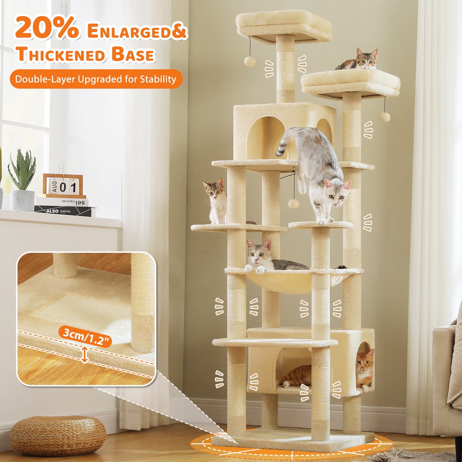 Pefilos 81" Tall Cat Tree for Large Cats, Heavy Duty Cat Tower with 2 Perches, 2 Condos and Spacious Hammock, Large Condo with 7 Scratching Posts, Beige