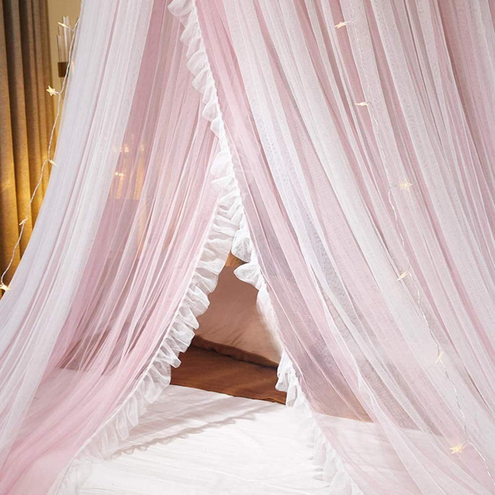 Bed Princess For Curtain Double Layer Sheer Mesh Dome Curtain- Round Lace Mosquito Net Tent Full Queen King Bed(pink/white)