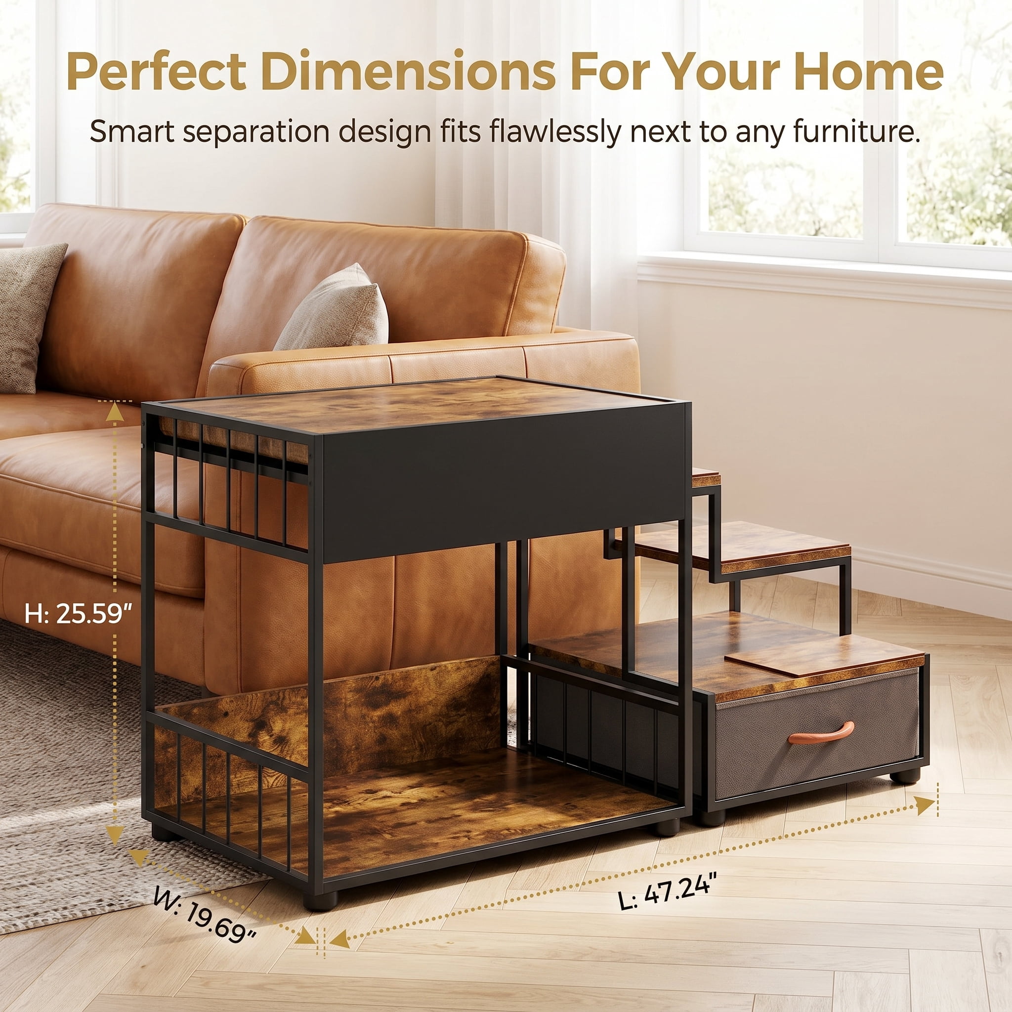 Pet Step Window Perch for Dogs and Cats, 47.2 in Multi-Level Bedside Pet Stairs with Storage Drawer, Non-Slip Pad, Vintage Brown