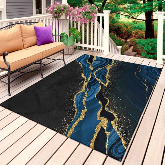 Blue Marble Outdoor Rug for Patio/Deck/Porch, Non-Slip Large Area Rug 4 x 6 Ft, Gold Abstract Vintage Modern Black Art Indoor Outdoor Rugs Washable Area Rugs, Reversible Camping Rug Carpet Runner
