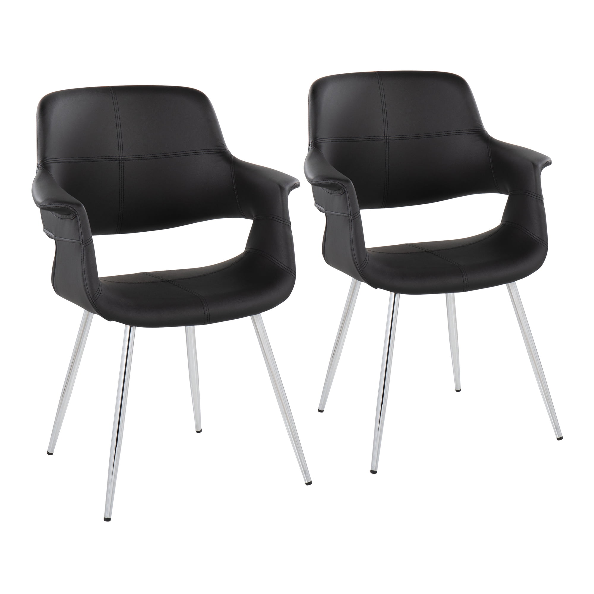 LumiStore Dining Chairs Set of 2 - Black Faux Leather, Chrome Metal Legs - Glam Art Deco Style, Cushioned Seat - Indoor Use