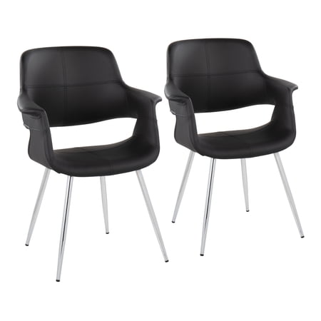 Dining Chair Set of 2, Black Faux Leather Upholstery with Chrome Finished Metal Legs, Cushioned Seat and Backrest, Glam Art Deco Style Seating for Dining Room, Living Room or Office