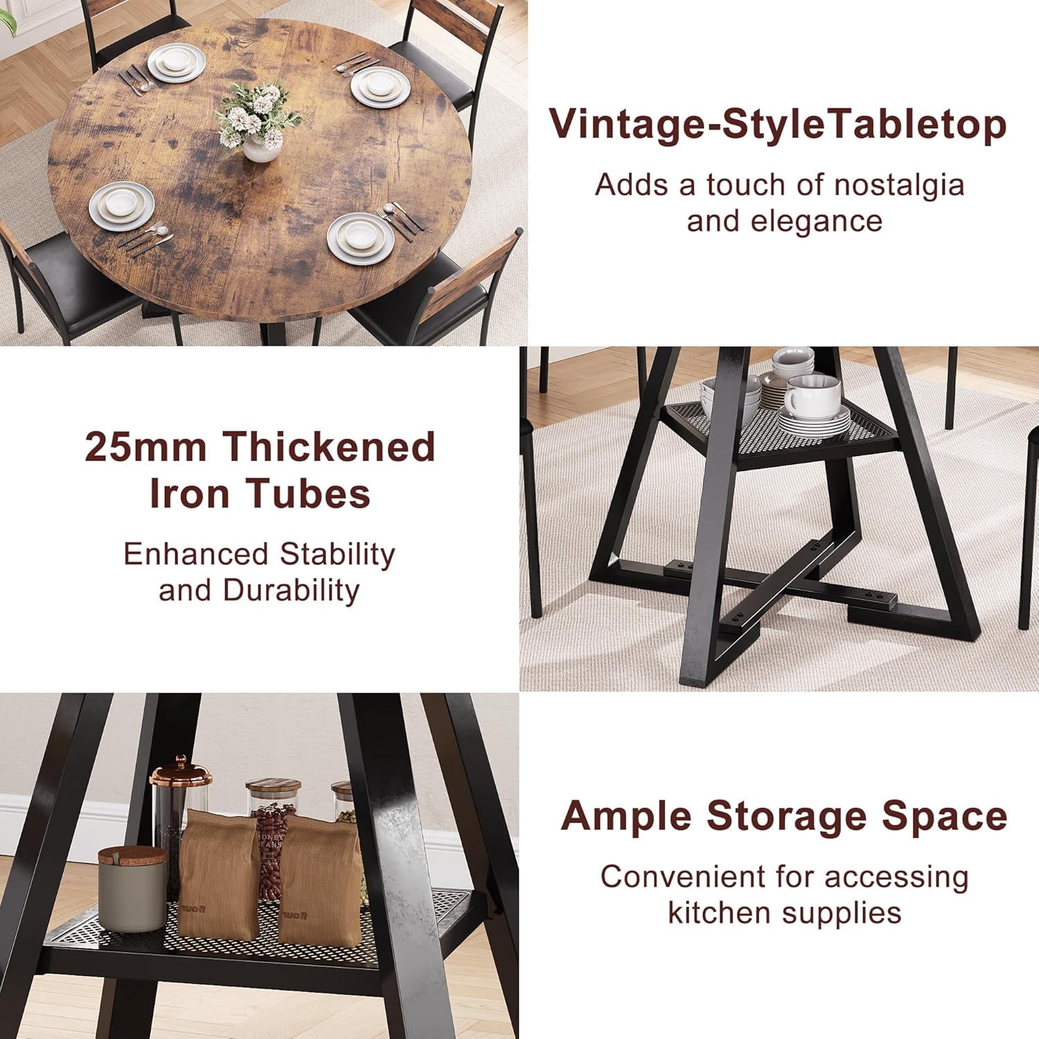 Cocosity 47 inch Wood Kitchen Table for 4, Round Dining Table with Storage Shelf for Home Dining Room Living Room Brown