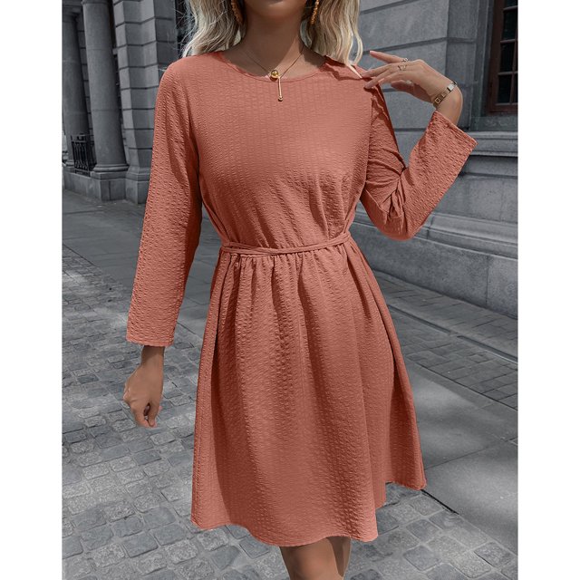 Vestido De Manga Larga Con Cuello Vestido Con Cinturón De Cintura Alta Vestido Redondo Midi Con Cintura Anudada Vestido Midi De Mujer Round Neck Long Sleeve Dress Polyester ANGGREK Otros