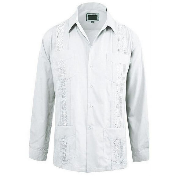Maximos Men's Guayabera Cuban Style Casual Vacation Bartender Wedding Button up Long Sleeve Dress Shirt White 4XL